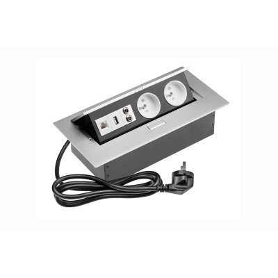 Подовжувач GTV 2 розетки FRENCH USB аудіо інтернет-вихід провід 1,5м з вилкою Алюміній
